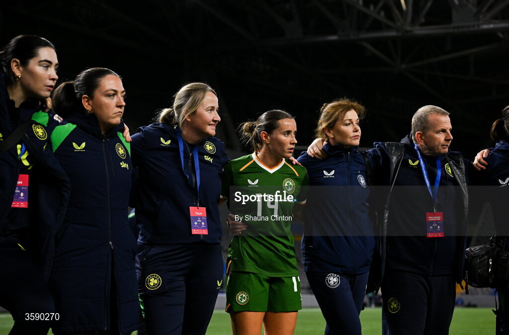 9 October 2026; Shanade Hopcroft of Republic of Ireland, centre, and Republic of Ireland backroom staff, from left, Susie Coffey, Aoibh Hall, Ciara Ennis, Siobhán Forman and Mickey McGlynn after the 2027 FIFA Women’s World Cup qualifying round 1 play-off first leg match between Kazakhstan and the Republic of Ireland at Astana Arena in Kazakhstan. Photo by Shauna Clinton/Sportsfile