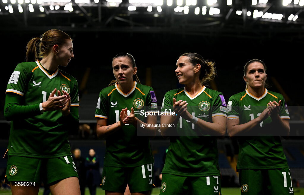 9 October 2026; Republic of Ireland players, from left, Hayley Nolan, Abbie Larkin, Shanade Hopcroft and Jamie Finn after the 2027 FIFA Women’s World Cup qualifying round 1 play-off first leg match between Kazakhstan and the Republic of Ireland at Astana Arena in Kazakhstan. Photo by Shauna Clinton/Sportsfile