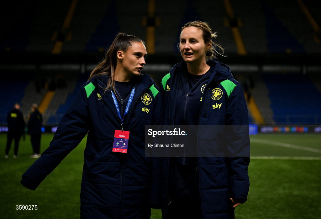 9 October 2026; Jess Ziu, left, and Kyra Carusa of Republic of Ireland after the 2027 FIFA Women’s World Cup qualifying round 1 play-off first leg match between Kazakhstan and the Republic of Ireland at Astana Arena in Kazakhstan. Photo by Shauna Clinton/Sportsfile