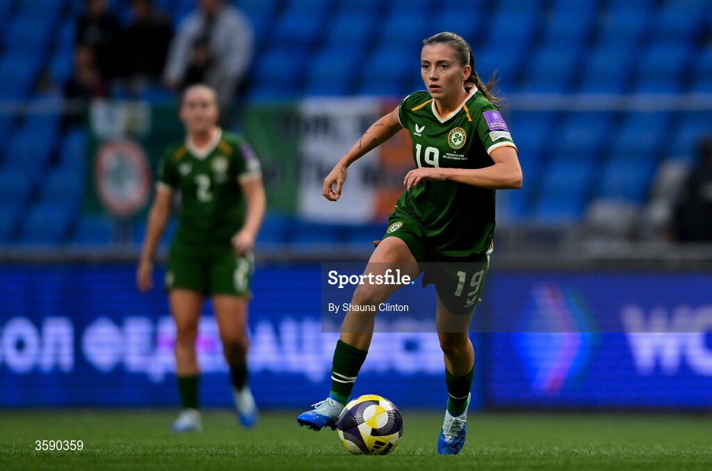 9 October 2026; Abbie Larkin of Republic of Ireland during the 2027 FIFA Women’s World Cup qualifying round 1 play-off first leg match between Kazakhstan and the Republic of Ireland at Astana Arena in Kazakhstan. Photo by Shauna Clinton/Sportsfile