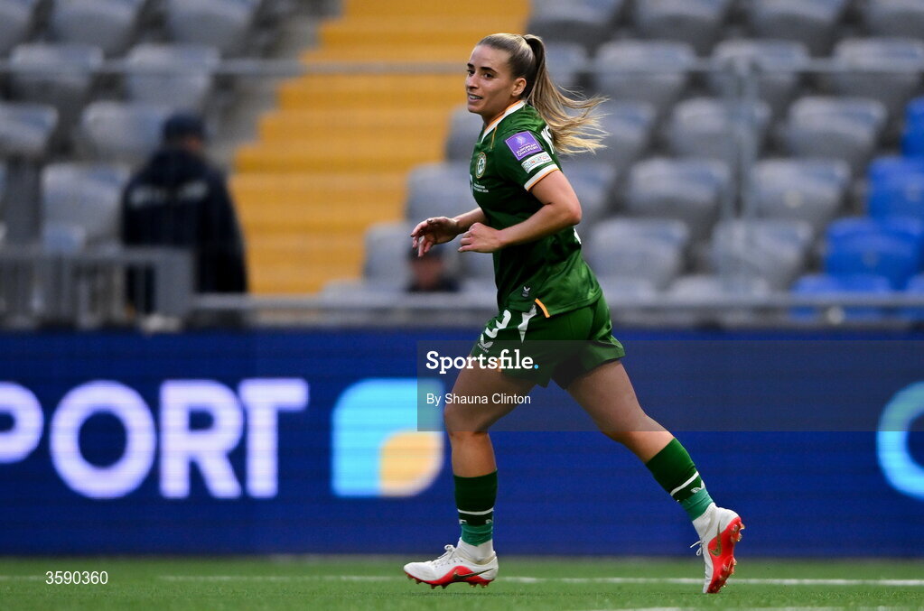 9 October 2026; Chloe Mustaki of Republic of Ireland celebrates after scoring her side's second goal during the 2027 FIFA Women’s World Cup qualifying round 1 play-off first leg match between Kazakhstan and the Republic of Ireland at Astana Arena in Kazakhstan. Photo by Shauna Clinton/Sportsfile