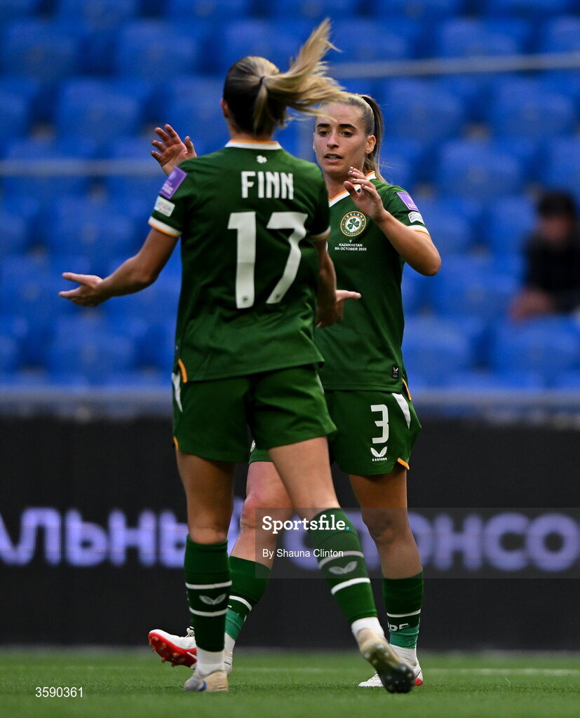 9 October 2026; Chloe Mustaki of Republic of Ireland, right, celebrates with team-mate Jamie Finn after scoring her side's second goal during the 2027 FIFA Women’s World Cup qualifying round 1 play-off first leg match between Kazakhstan and the Republic of Ireland at Astana Arena in Kazakhstan. Photo by Shauna Clinton/Sportsfile