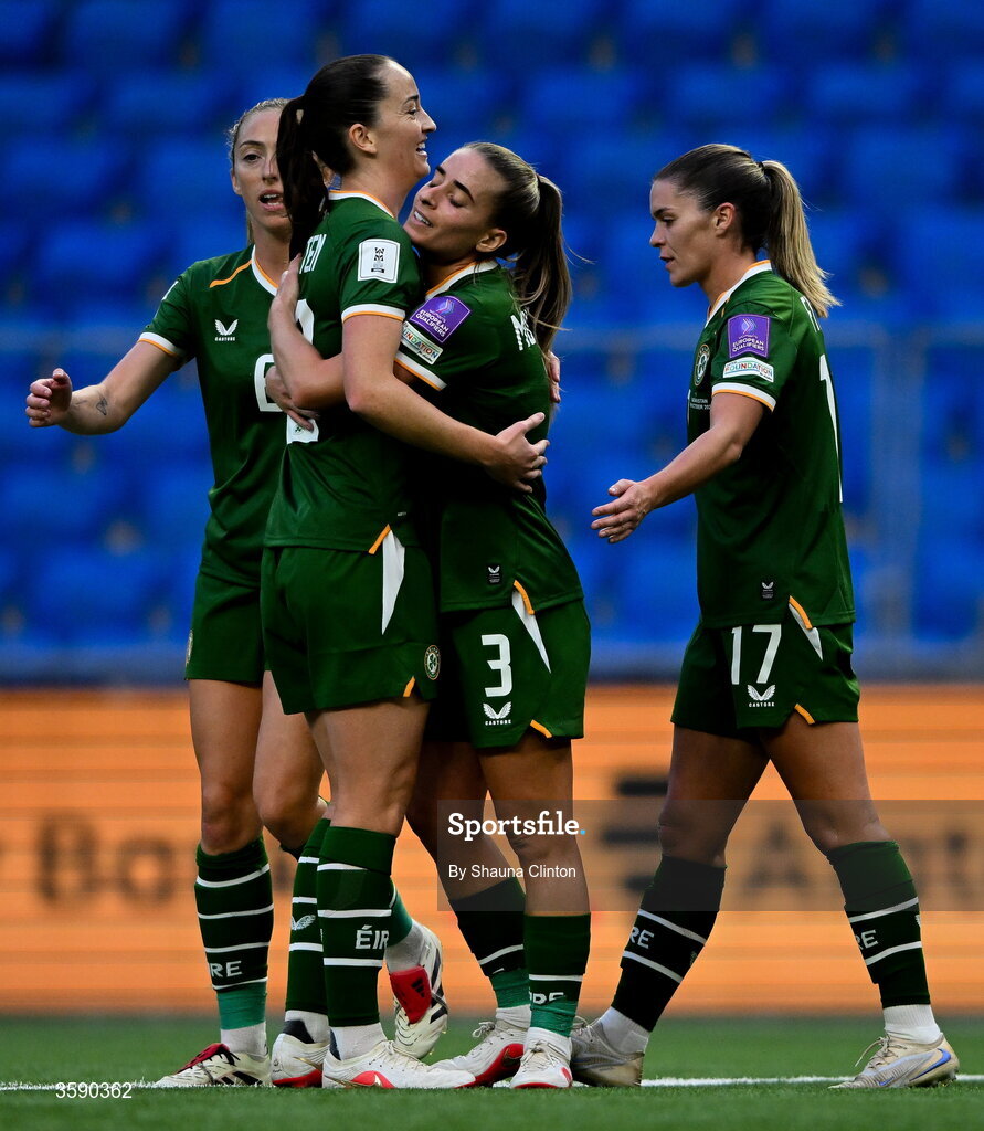 9 October 2026; Chloe Mustaki of Republic of Ireland, centre, celebrates with team-mates after scoring her side's second goal during the 2027 FIFA Women’s World Cup qualifying round 1 play-off first leg match between Kazakhstan and the Republic of Ireland at Astana Arena in Kazakhstan. Photo by Shauna Clinton/Sportsfile