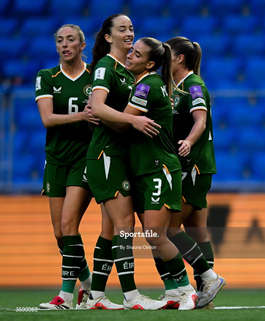 9 October 2026; Chloe Mustaki of Republic of Ireland, centre, celebrates with team-mates after scoring her side's second goal during the 2027 FIFA Women’s World Cup qualifying round 1 play-off first leg match between Kazakhstan and the Republic of Ireland at Astana Arena in Kazakhstan. Photo by Shauna Clinton/Sportsfile