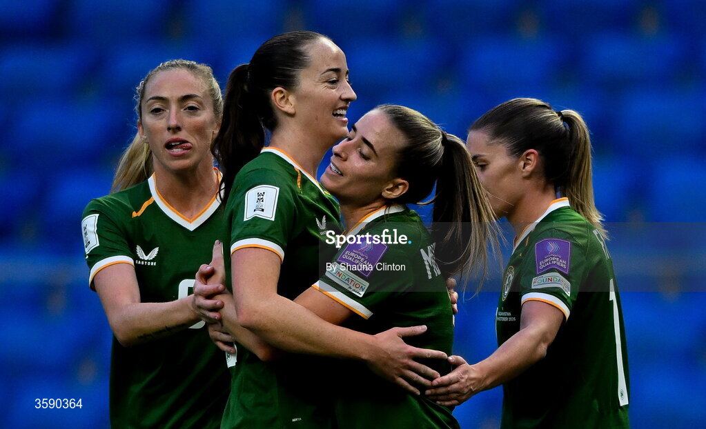9 October 2026; Chloe Mustaki of Republic of Ireland, centre, celebrates with team-mates after scoring her side's second goal during the 2027 FIFA Women’s World Cup qualifying round 1 play-off first leg match between Kazakhstan and the Republic of Ireland at Astana Arena in Kazakhstan. Photo by Shauna Clinton/Sportsfile