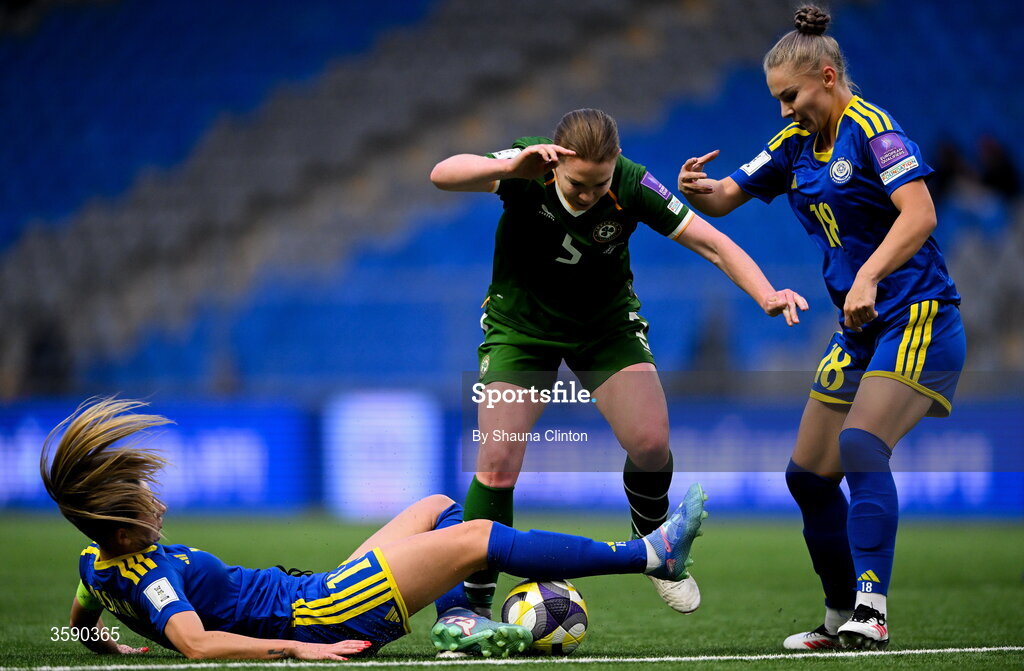 9 October 2026; Aoife Mannion of Republic of Ireland in action against Yulia Myasnikova, left, and Alexandra Burova of Kazakhstan during the 2027 FIFA Women’s World Cup qualifying round 1 play-off first leg match between Kazakhstan and the Republic of Ireland at Astana Arena in Kazakhstan. Photo by Shauna Clinton/Sportsfile