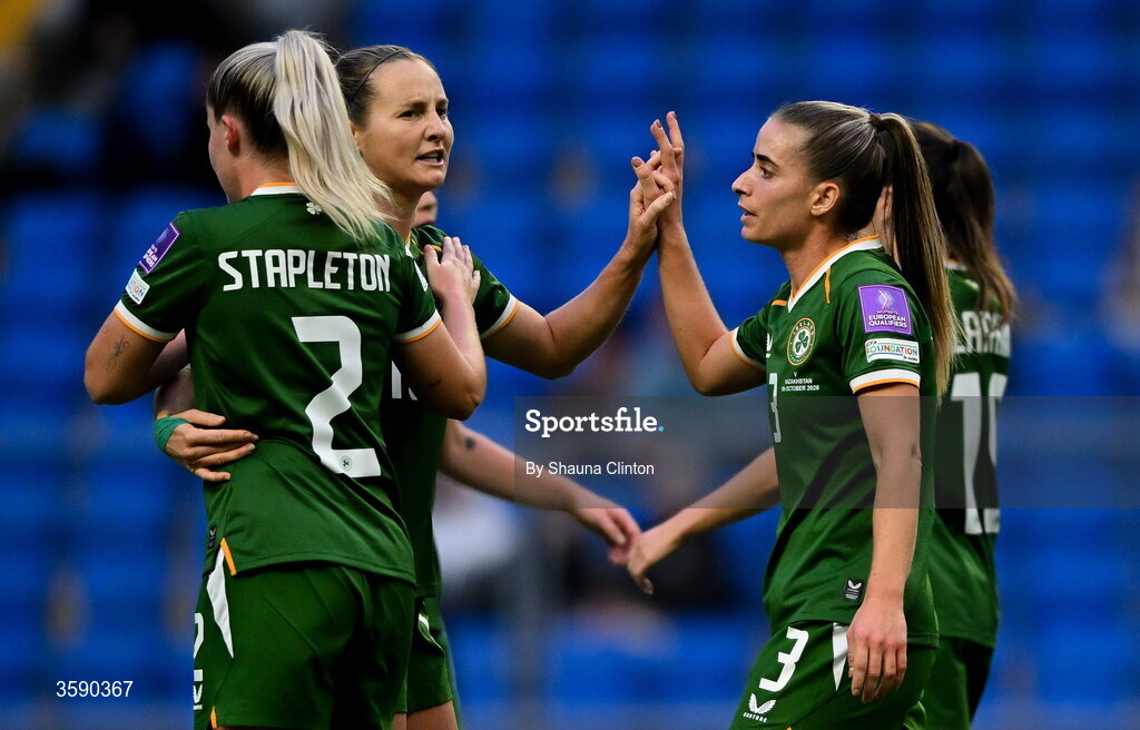 9 October 2026; Chloe Mustaki of Republic of Ireland, centre, celebrates with team-mates after scoring her side's second goal during the 2027 FIFA Women’s World Cup qualifying round 1 play-off first leg match between Kazakhstan and the Republic of Ireland at Astana Arena in Kazakhstan. Photo by Shauna Clinton/Sportsfile