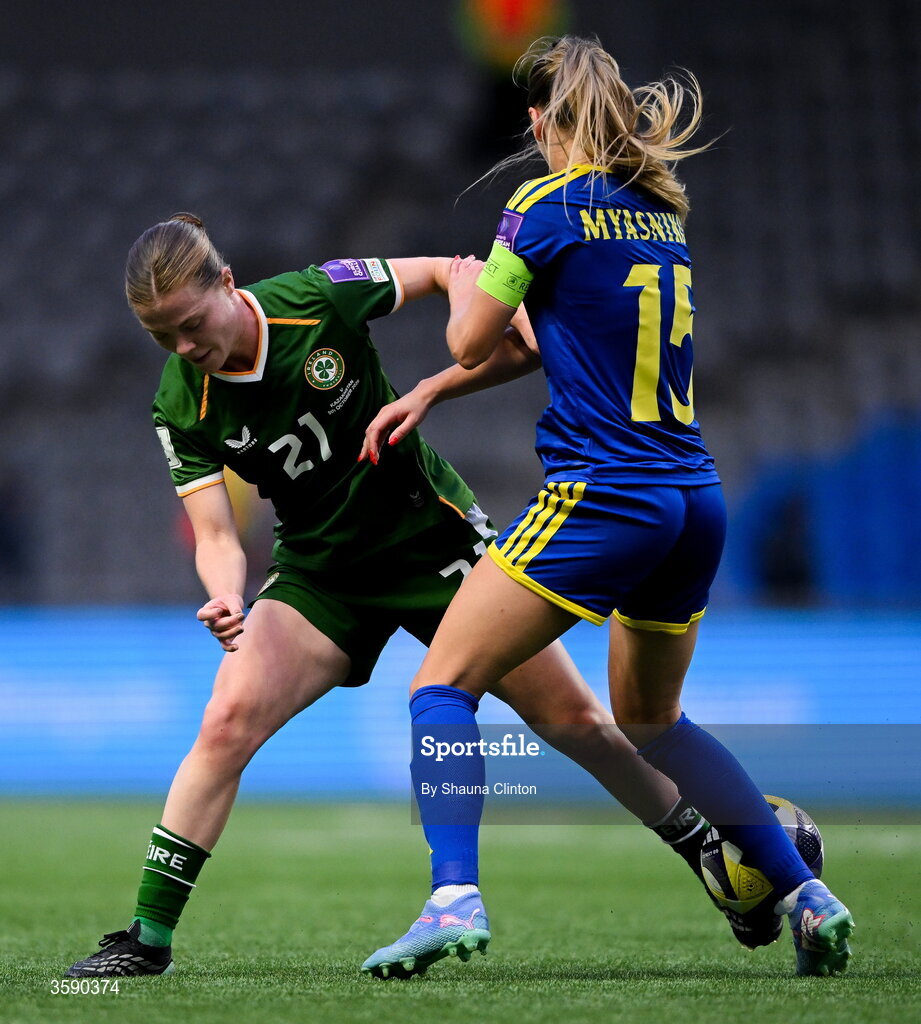 9 October 2026; Emily Murphy of Republic of Ireland in action against Yulia Myasnikova of Kazakhstan during the 2027 FIFA Women’s World Cup qualifying round 1 play-off first leg match between Kazakhstan and the Republic of Ireland at Astana Arena in Kazakhstan. Photo by Shauna Clinton/Sportsfile