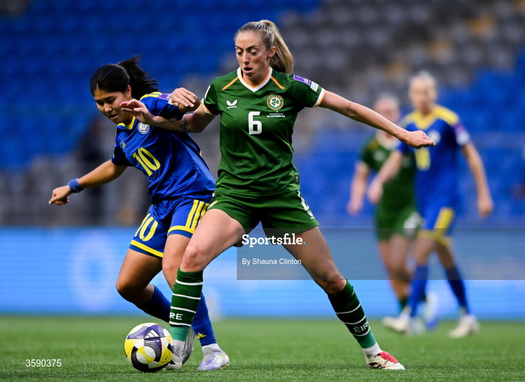 9 October 2026; Megan Connolly of Republic of Ireland in action against Amina Bibossynova of Kazakhstan during the 2027 FIFA Women’s World Cup qualifying round 1 play-off first leg match between Kazakhstan and the Republic of Ireland at Astana Arena in Kazakhstan. Photo by Shauna Clinton/Sportsfile
