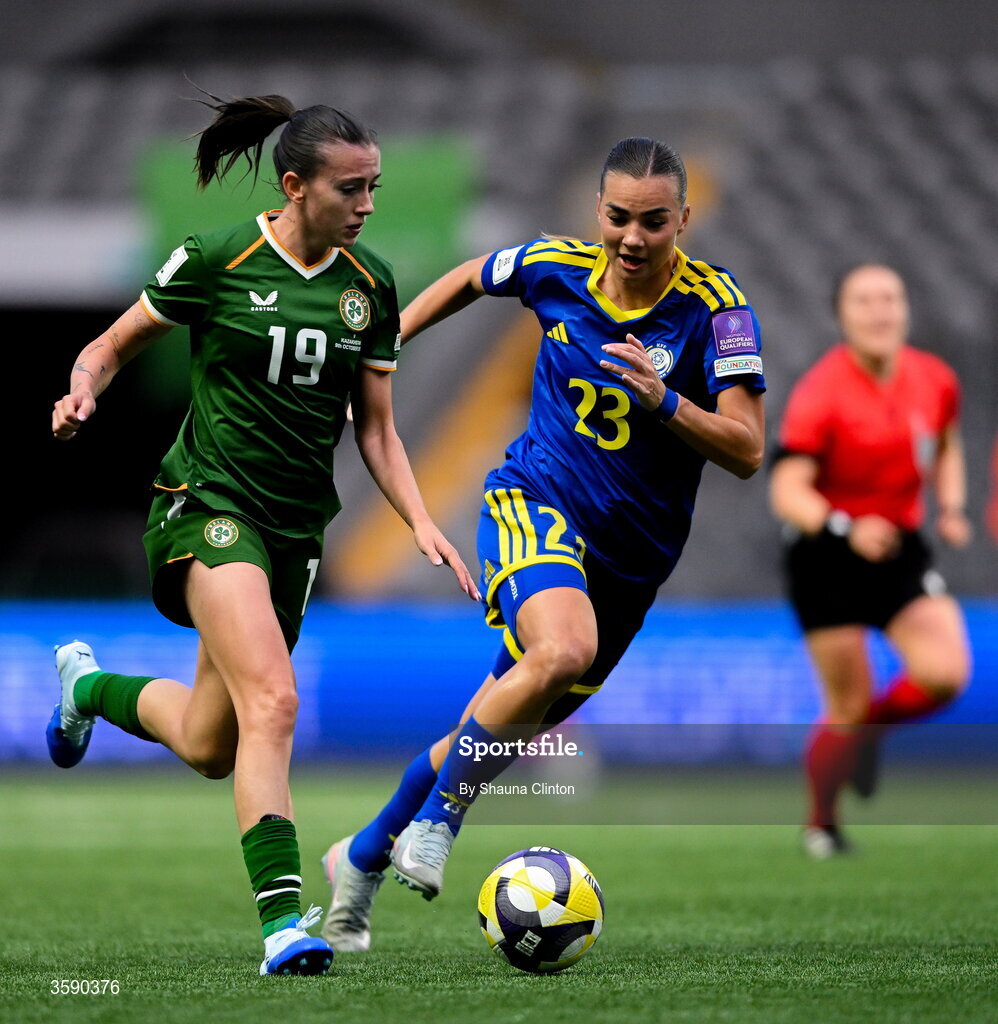 9 October 2026; Abbie Larkin of Republic of Ireland in action against Anastassiya Vlassova of Kazakhstan during the 2027 FIFA Women’s World Cup qualifying round 1 play-off first leg match between Kazakhstan and the Republic of Ireland at Astana Arena in Kazakhstan. Photo by Shauna Clinton/Sportsfile