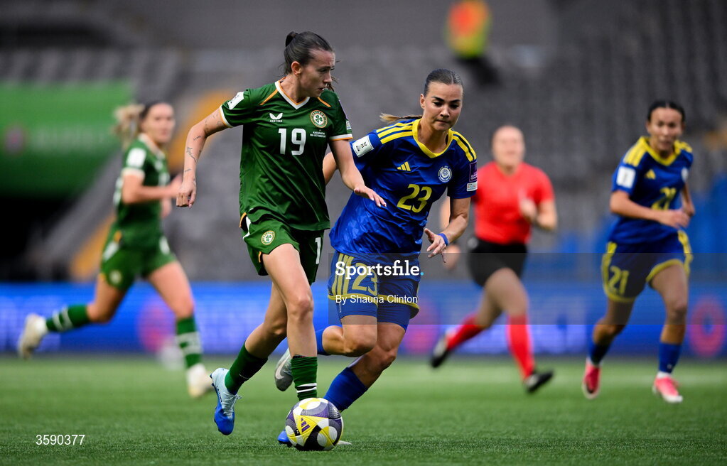 9 October 2026; Abbie Larkin of Republic of Ireland in action against Anastassiya Vlassova of Kazakhstan during the 2027 FIFA Women’s World Cup qualifying round 1 play-off first leg match between Kazakhstan and the Republic of Ireland at Astana Arena in Kazakhstan. Photo by Shauna Clinton/Sportsfile