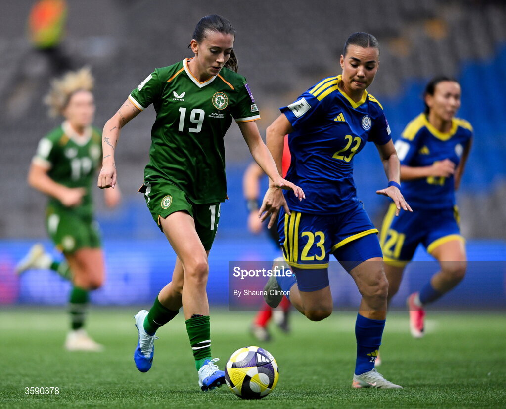 9 October 2026; Abbie Larkin of Republic of Ireland in action against Anastassiya Vlassova of Kazakhstan during the 2027 FIFA Women’s World Cup qualifying round 1 play-off first leg match between Kazakhstan and the Republic of Ireland at Astana Arena in Kazakhstan. Photo by Shauna Clinton/Sportsfile