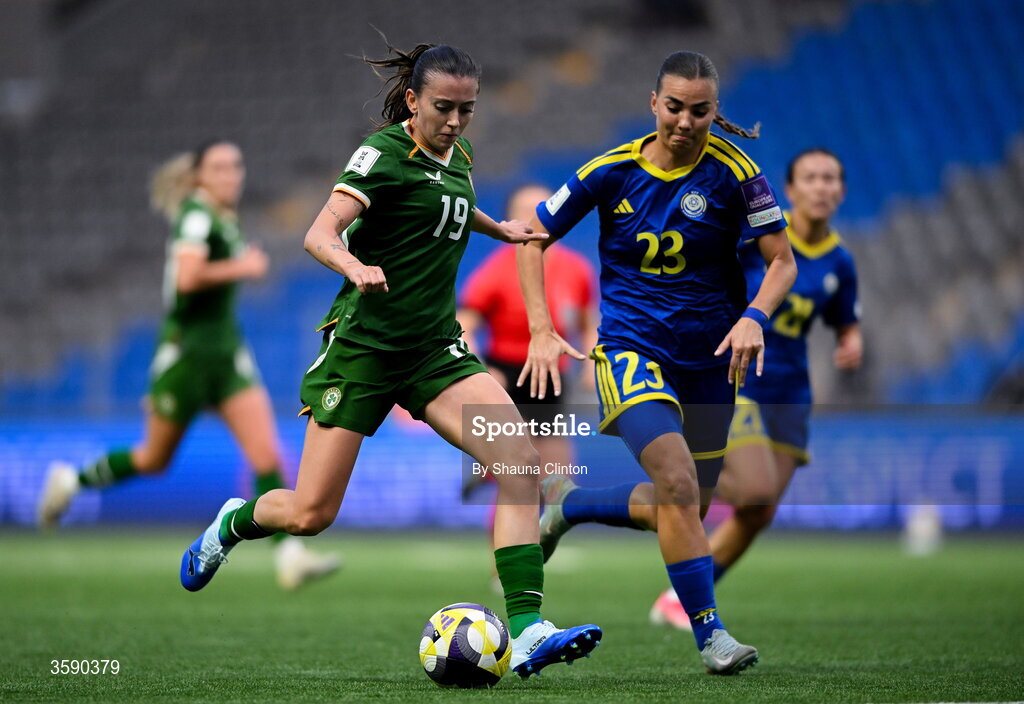 9 October 2026; Abbie Larkin of Republic of Ireland in action against Anastassiya Vlassova of Kazakhstan during the 2027 FIFA Women’s World Cup qualifying round 1 play-off first leg match between Kazakhstan and the Republic of Ireland at Astana Arena in Kazakhstan. Photo by Shauna Clinton/Sportsfile
