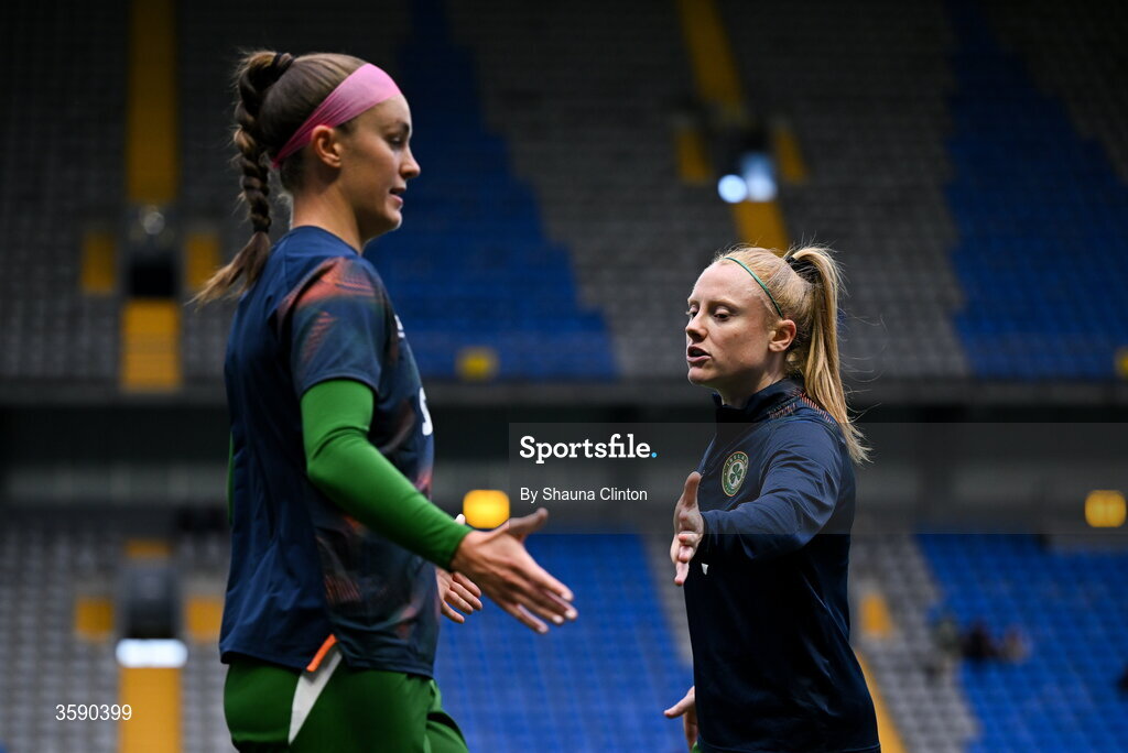 9 October 2026; Republic of Ireland players Caitlin Hayes, left, and Amber Barrett before the 2027 FIFA Women’s World Cup qualifying round 1 play-off first leg match between Kazakhstan and the Republic of Ireland at Astana Arena in Kazakhstan. Photo by Shauna Clinton/Sportsfile