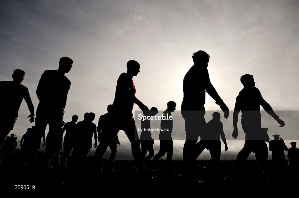 11 October 2026; The prematch parade before the Sligo County Senior Club Football Championship final match between Shamrock Gaels and St Mary's at Markievicz Park in Sligo. Photo by Eakin Howard/Sportsfile