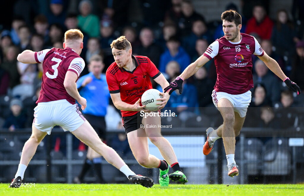 11 October 2026; Gerard O'Kelly Lynch of St Mary's in action against Evan Lyons and and Patrick Kenny of Shamrock Gaels during the Sligo County Senior Club Football Championship final match between Shamrock Gaels and St Mary's at Markievicz Park in Sligo. Photo by Eakin Howard/Sportsfile