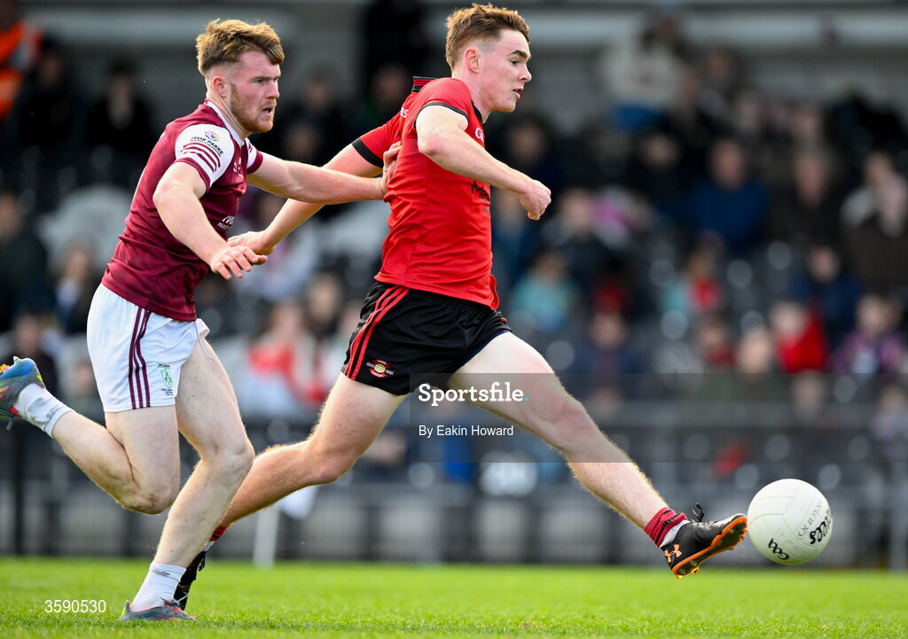 11 October 2026; Robert O'Kelly Lynch of St Mary's scores his side's first goal depite the attempts of Ciarán Kenny of Shamrock Gaels during the Sligo County Senior Club Football Championship final match between Shamrock Gaels and St Mary's at Markievicz Park in Sligo. Photo by Eakin Howard/Sportsfile