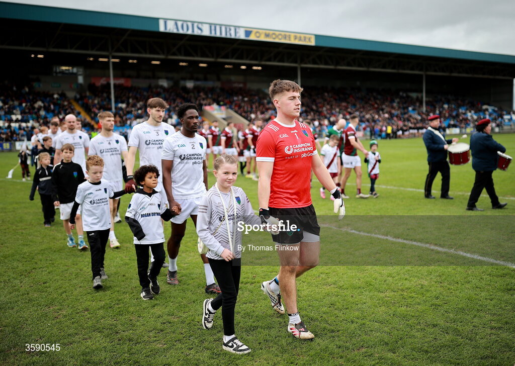 11 October 2026; The pre-match parade before the Laois County Senior Club Football Championship final match between Courtwood and Portarlington at Laois Hire O'Moore Park in Portlaoise, Laois. Photo by Thomas Flinkow/Sportsfile