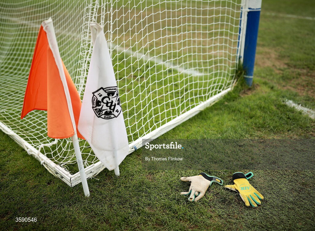 11 October 2026; A general view of goal flags and goalkeeper gloves before the Laois County Senior Club Football Championship final match between Courtwood and Portarlington at Laois Hire O'Moore Park in Portlaoise, Laois. Photo by Thomas Flinkow/Sportsfile