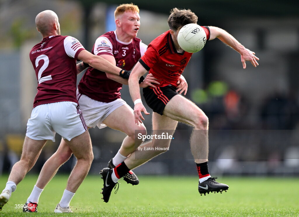 11 October 2026; Fintan Campbell of St Mary's in action against Ben Touhy of Shamrock Gaels and Evan Lyons during the Sligo County Senior Club Football Championship final match between Shamrock Gaels and St Mary's at Markievicz Park in Sligo. Photo by Eakin Howard/Sportsfile