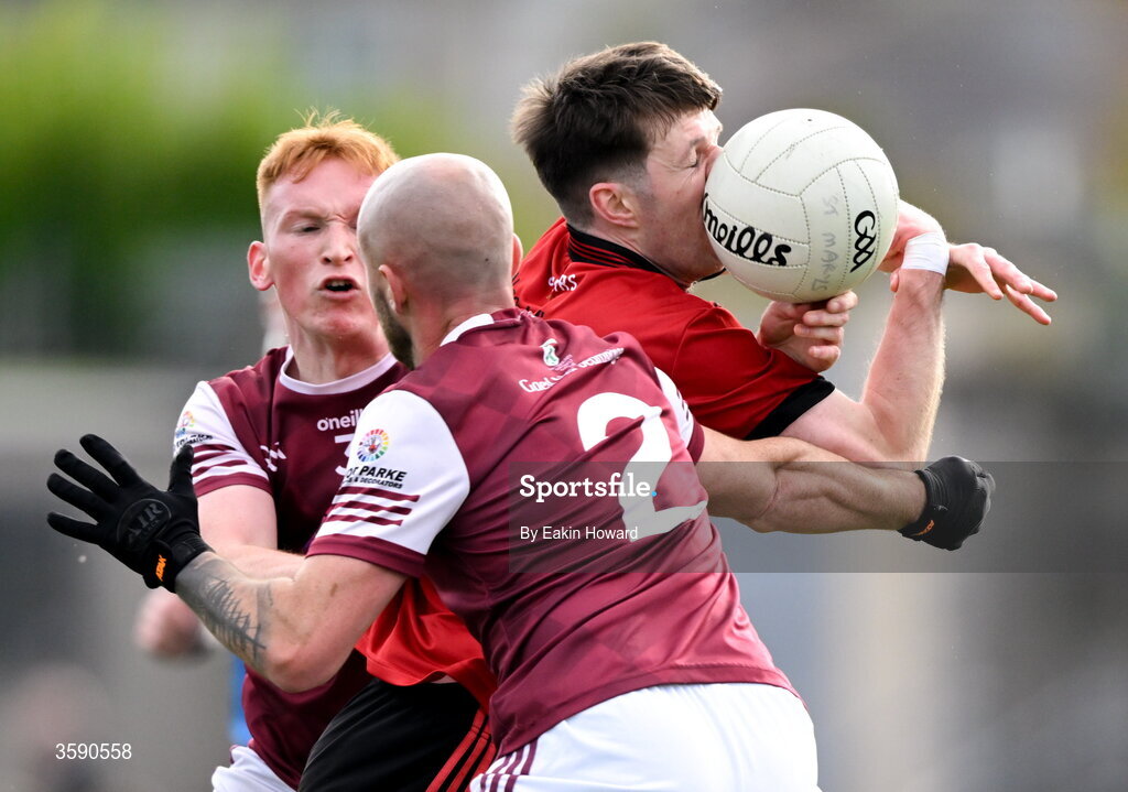 11 October 2026; Fintan Campbell of St Mary's in action against Ben Touhy of Shamrock Gaels and Evan Lyons during the Sligo County Senior Club Football Championship final match between Shamrock Gaels and St Mary's at Markievicz Park in Sligo. Photo by Eakin Howard/Sportsfile