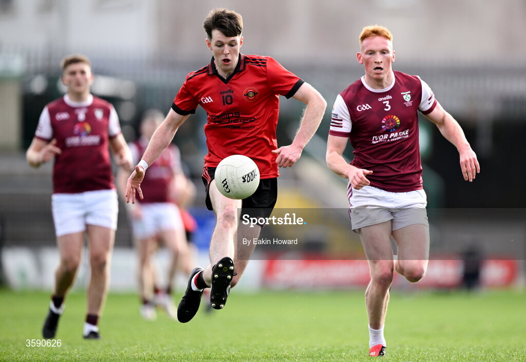 11 October 2026; Fintan Campbell of St Mary's in action against Evan Lyons of Shamrock Gaels during the Sligo County Senior Club Football Championship final match between Shamrock Gaels and St Mary's at Markievicz Park in Sligo. Photo by Eakin Howard/Sportsfile
