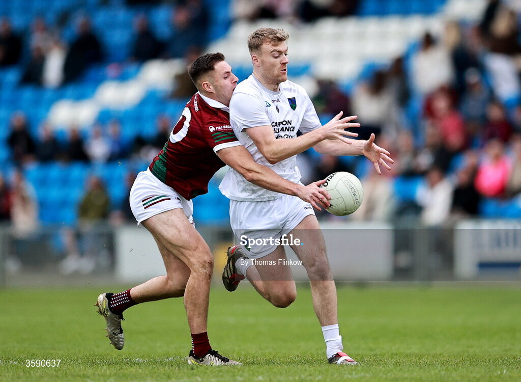 11 October 2026; Seán O'Flynn of Courtwood in action against Patrick O Sullivan of Portarlington during the Laois County Senior Club Football Championship final match between Courtwood and Portarlington at Laois Hire O'Moore Park in Portlaoise, Laois. Photo by Thomas Flinkow/Sportsfile
