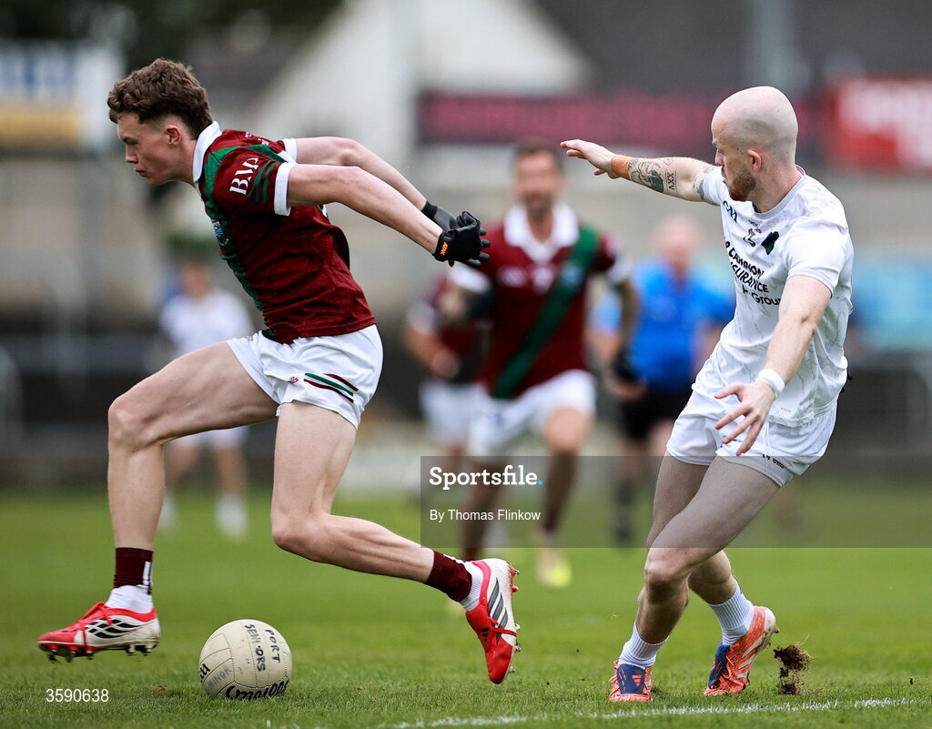 11 October 2026; Tom Corcoran of Portarlington in action against Cian Doyle of Courtwood during the Laois County Senior Club Football Championship final match between Courtwood and Portarlington at Laois Hire O'Moore Park in Portlaoise, Laois. Photo by Thomas Flinkow/Sportsfile