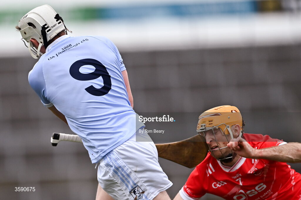 11 October 2026; Richie English of Doon attempts to block JJ Carey of Na Piarsaigh during the Limerick County Senior Hurling semi-final match between Doon and Na Piarsaigh at TUS Gaelic Grounds in Limerick. Photo by Tom Beary/Sportsfile