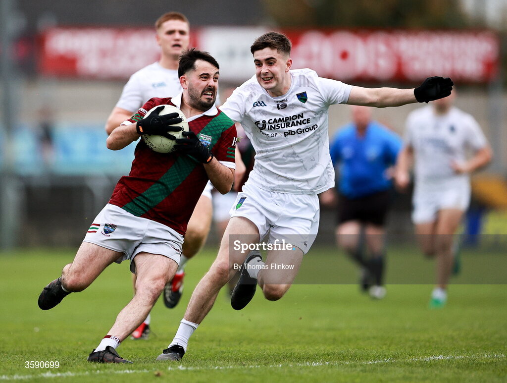 11 October 2026; Curtis Lyons of Portarlington in action against Darragh McEvoy of Courtwood during the Laois County Senior Club Football Championship final match between Courtwood and Portarlington at Laois Hire O'Moore Park in Portlaoise, Laois. Photo by Thomas Flinkow/Sportsfile