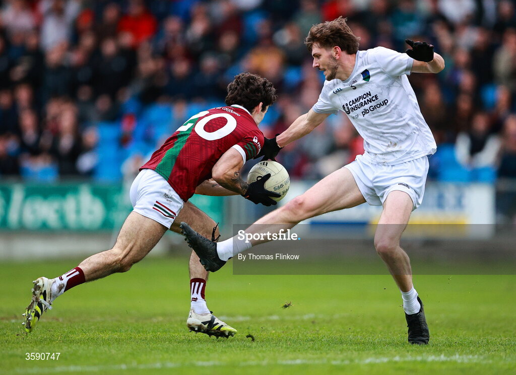 11 October 2026; Darragh Galvin of Portarlington in action against Daniel Boland of Courtwood during the Laois County Senior Club Football Championship final match between Courtwood and Portarlington at Laois Hire O'Moore Park in Portlaoise, Laois. Photo by Thomas Flinkow/Sportsfile