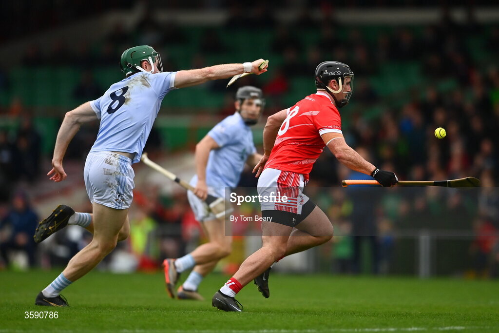 11 October 2026; Darragh O'Donovan of Doon in action against William O'Donoghue of Na Piarsaigh during the Limerick County Senior Hurling semi-final match between Doon and Na Piarsaigh at TUS Gaelic Grounds in Limerick. Photo by Tom Beary/Sportsfile