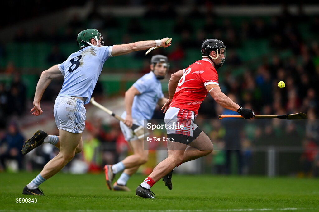 11 October 2026; Darragh O'Donovan of Doon in action against William O'Donoghue of Na Piarsaigh during the Limerick County Senior Hurling semi-final match between Doon and Na Piarsaigh at TUS Gaelic Grounds in Limerick. Photo by Tom Beary/Sportsfile