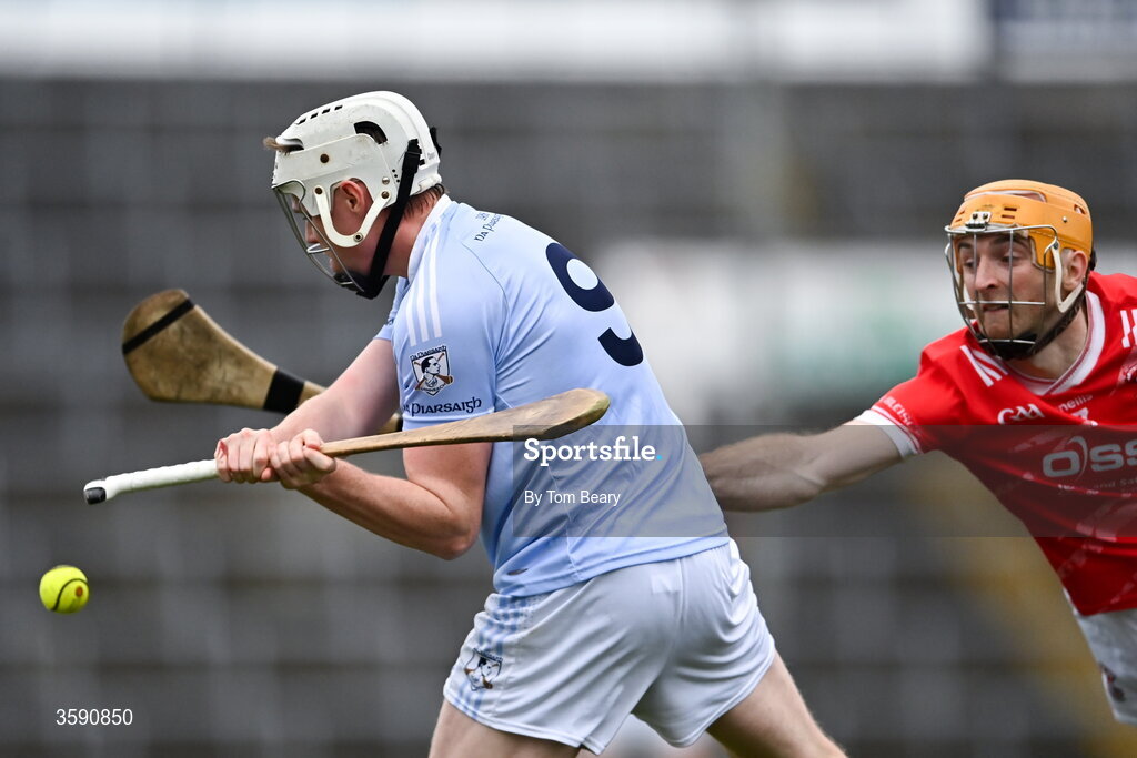 11 October 2026; Richie English of Doon attempts to block JJ Carey of Na Piarsaigh during the Limerick County Senior Hurling semi-final match between Doon and Na Piarsaigh at TUS Gaelic Grounds in Limerick. Photo by Tom Beary/Sportsfile