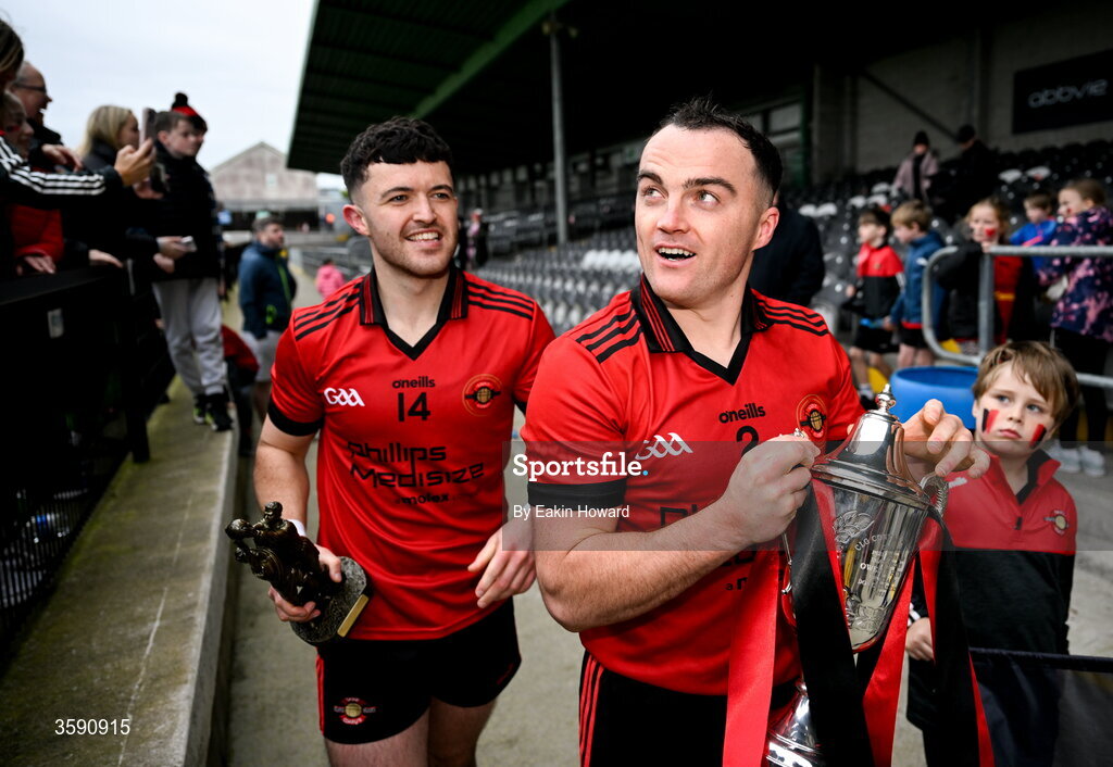 11 October 2026; Scott Lynch of St Mary's and Nathan Rooney after the Sligo County Senior Club Football Championship final match between Shamrock Gaels and St Mary's at Markievicz Park in Sligo. Photo by Eakin Howard/Sportsfile