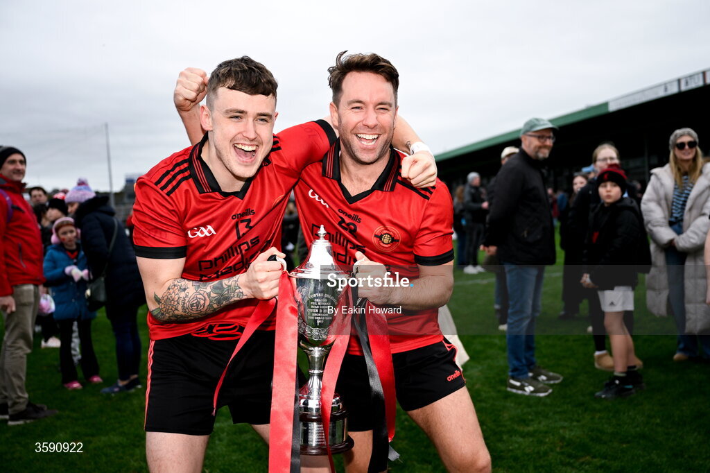 11 October 2026; Stephen Coen of St Mary's and Kyle Cawley celebrate with the trophy after the Sligo County Senior Club Football Championship final match between Shamrock Gaels and St Mary's at Markievicz Park in Sligo. Photo by Eakin Howard/Sportsfile