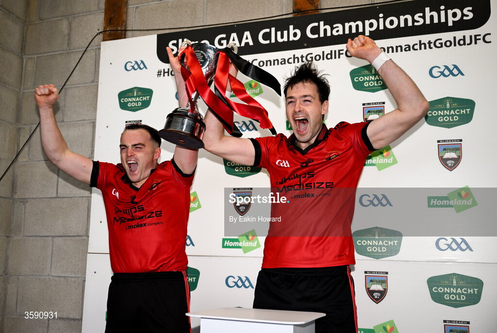 11 October 2026; Scott Lynch of St Mary's and David McGovern celebrate with the trophy after the Sligo County Senior Club Football Championship final match between Shamrock Gaels and St Mary's at Markievicz Park in Sligo. Photo by Eakin Howard/Sportsfile