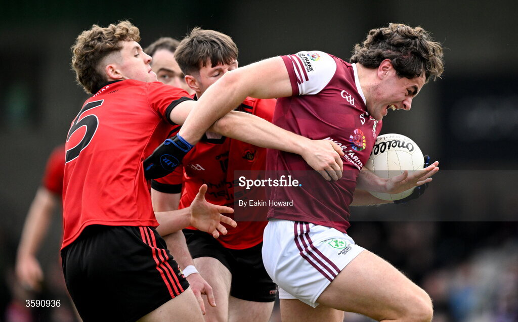 11 October 2026; Sean Carroll of Shamrock Gaels in action against Patrick Brady of St Mary's and Fintan Campbell during the Sligo County Senior Club Football Championship final match between Shamrock Gaels and St Mary's at Markievicz Park in Sligo. Photo by Eakin Howard/Sportsfile