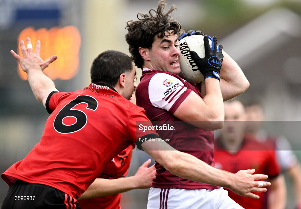 11 October 2026; Sean Carroll of Shamrock Gaels in action against Paul Kilcoyne of St Mary's during the Sligo County Senior Club Football Championship final match between Shamrock Gaels and St Mary's at Markievicz Park in Sligo. Photo by Eakin Howard/Sportsfile