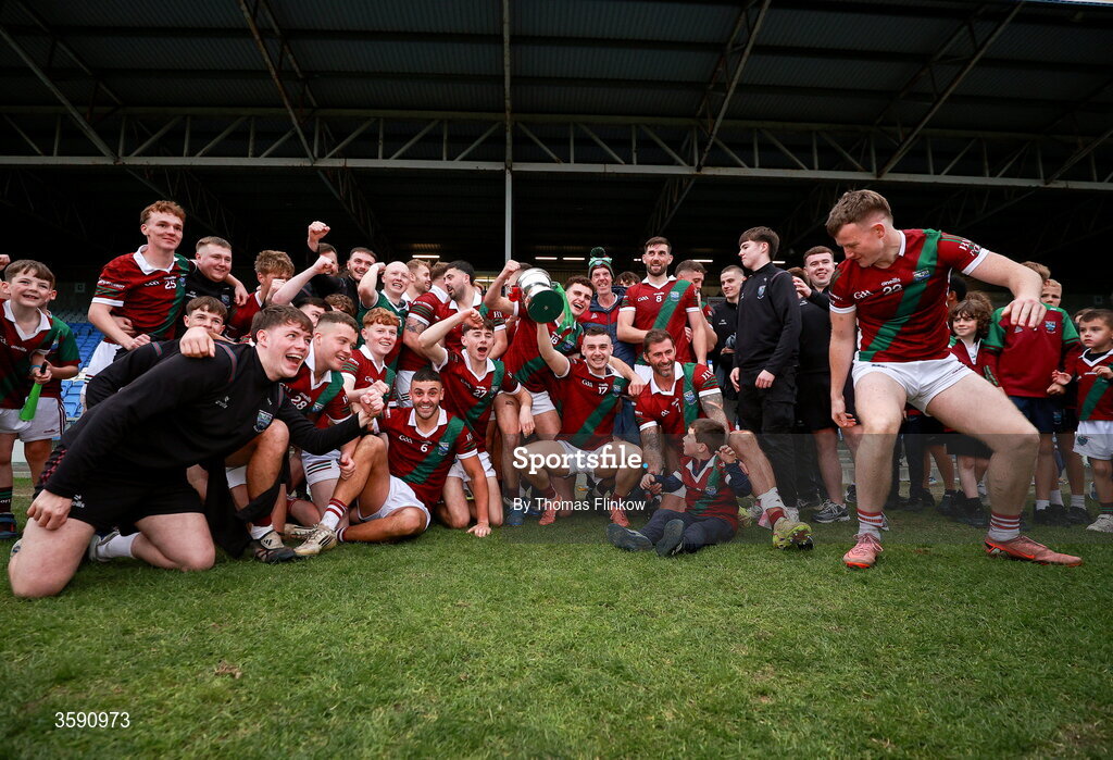 11 October 2026; Portarlington players celebrate with the cup after the Laois County Senior Club Football Championship final match between Courtwood and Portarlington at Laois Hire O'Moore Park in Portlaoise, Laois. Photo by Thomas Flinkow/Sportsfile