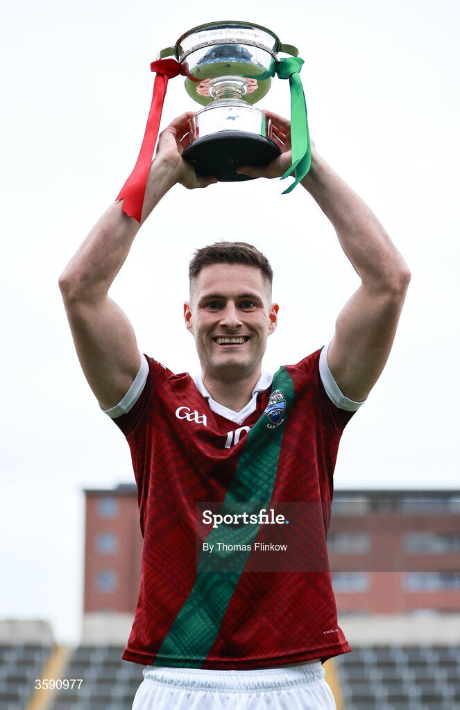 11 October 2026; Portarlington captain Patrick O Sullivan lifts the cup after the Laois County Senior Club Football Championship final match between Courtwood and Portarlington at Laois Hire O'Moore Park in Portlaoise, Laois. Photo by Thomas Flinkow/Sportsfile