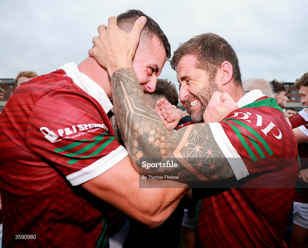 11 October 2026; Portarlington players Robbie Piggott, left, and Jason Moore celebrate after the Laois County Senior Club Football Championship final match between Courtwood and Portarlington at Laois Hire O'Moore Park in Portlaoise, Laois. Photo by Thomas Flinkow/Sportsfile