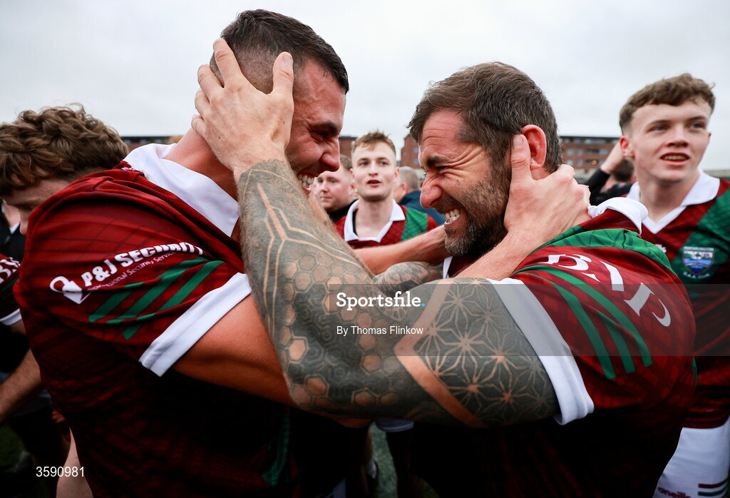 11 October 2026; Portarlington players Robbie Piggott, left, and Jason Moore celebrate after the Laois County Senior Club Football Championship final match between Courtwood and Portarlington at Laois Hire O'Moore Park in Portlaoise, Laois. Photo by Thomas Flinkow/Sportsfile