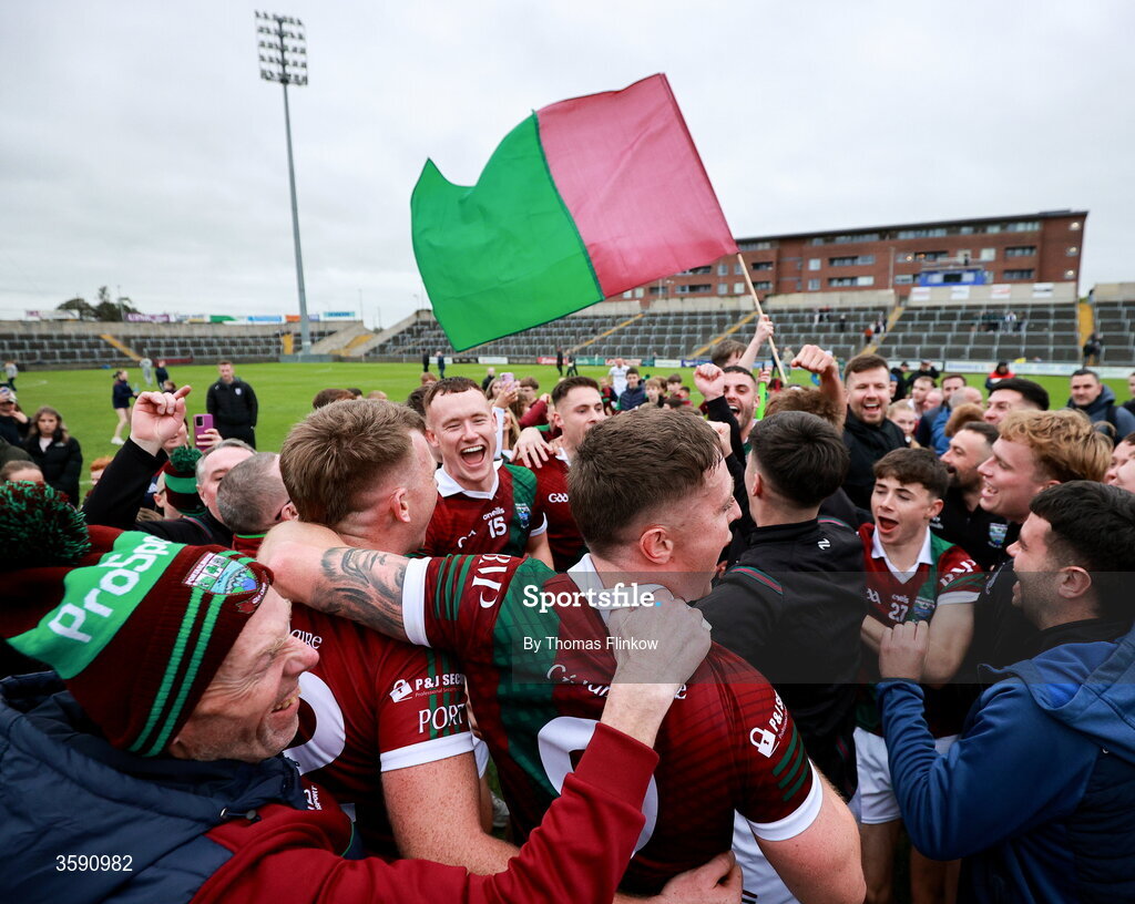 11 October 2026; Portarlington players celebrate with supporters after the Laois County Senior Club Football Championship final match between Courtwood and Portarlington at Laois Hire O'Moore Park in Portlaoise, Laois. Photo by Thomas Flinkow/Sportsfile