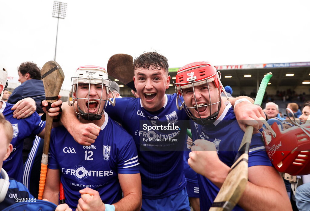 11 October 2026; Thurles Sarsfields players from left, Euan Murray, Keith Loughnane, and James Armstrong celebrate after the Tipperary County Senior Club Hurling Championship final match between Moycarkey-Borris and Thurles Sarsfields at FBD Semple Stadium in Thurles, Tipperary. Photo by Michael P Ryan/Sportsfile