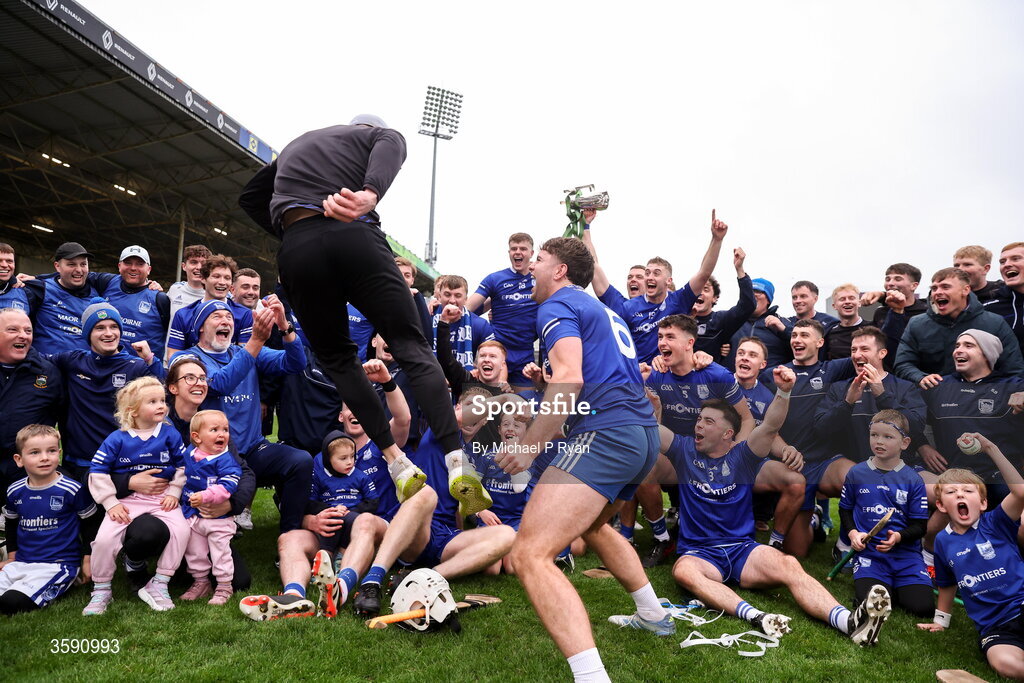 11 October 2026; Thurles Sarsfields players and manager Padraic Maher celebrate with the Dan Breen cup after the Tipperary County Senior Club Hurling Championship final match between Moycarkey-Borris and Thurles Sarsfields at FBD Semple Stadium in Thurles, Tipperary. Photo by Michael P Ryan/Sportsfile