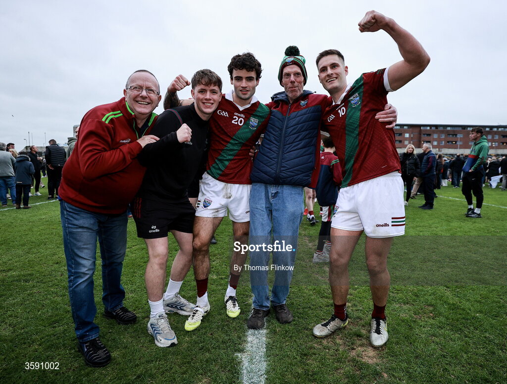 11 October 2026; Portarlington players Darragh Galvin, 20, and Patrick O Sullivan, 10, celebrate with supporters after the Laois County Senior Club Football Championship final match between Courtwood and Portarlington at Laois Hire O'Moore Park in Portlaoise, Laois. Photo by Thomas Flinkow/Sportsfile