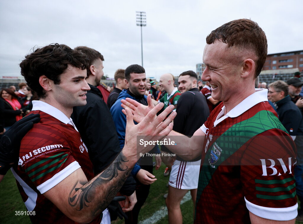 11 October 2026; Portarlington players Darragh Galvin, left, and Colm Murphy after the Laois County Senior Club Football Championship final match between Courtwood and Portarlington at Laois Hire O'Moore Park in Portlaoise, Laois. Photo by Thomas Flinkow/Sportsfile