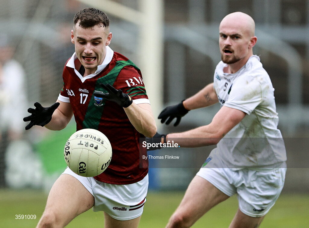 11 October 2026; Darragh Slevin of Portarlington in action against Jake Doyle of Courtwood during the Laois County Senior Club Football Championship final match between Courtwood and Portarlington at Laois Hire O'Moore Park in Portlaoise, Laois. Photo by Thomas Flinkow/Sportsfile