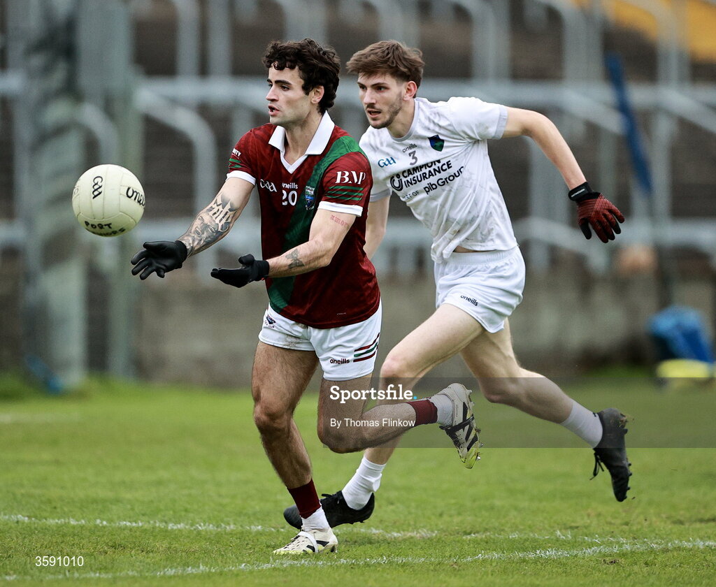 11 October 2026; Darragh Galvin of Portarlington in action against Daniel Boland of Courtwood during the Laois County Senior Club Football Championship final match between Courtwood and Portarlington at Laois Hire O'Moore Park in Portlaoise, Laois. Photo by Thomas Flinkow/Sportsfile
